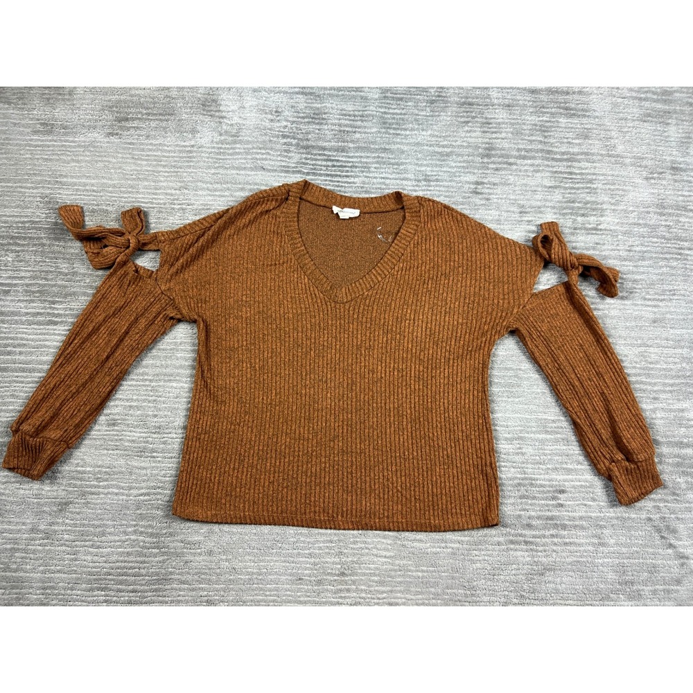Coverstitched Top Women Medium Rust Brown Cold Shoulder V-Neck Ribbed Tie-Sleeve
